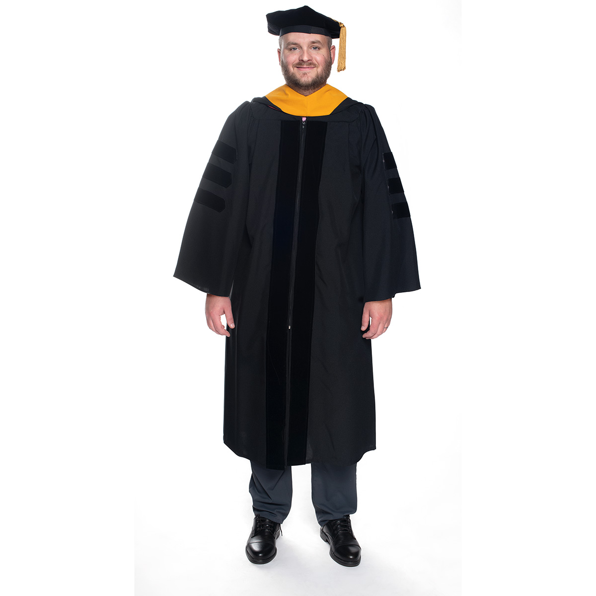 Adult-size Black Doctoral Graduation Tam, Gown, and Gold Tassel