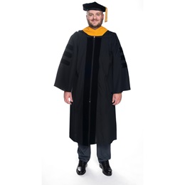 Adult-size Black Doctoral Graduation Tam, Gown, and Gold Tassel Set