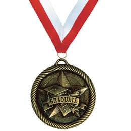 1.25 in Diameter Graduate Sculpted Brass Medallion with 14.5 in Red and White Ribbon