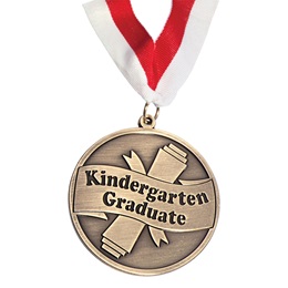 1.25 in Diameter Kindergarten Graduate Sculpted Brass Medallion with 14.5 in Red and White Ribbon