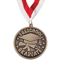 1.25 in Diameter Preschool Graduate Sculpted Brass Medallion with 14.5 in Red and White Ribbon