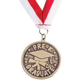 1.25 in Diameter Pre-K Graduate Sculpted Brass Medallion with 14.5 in Red and White Ribbon